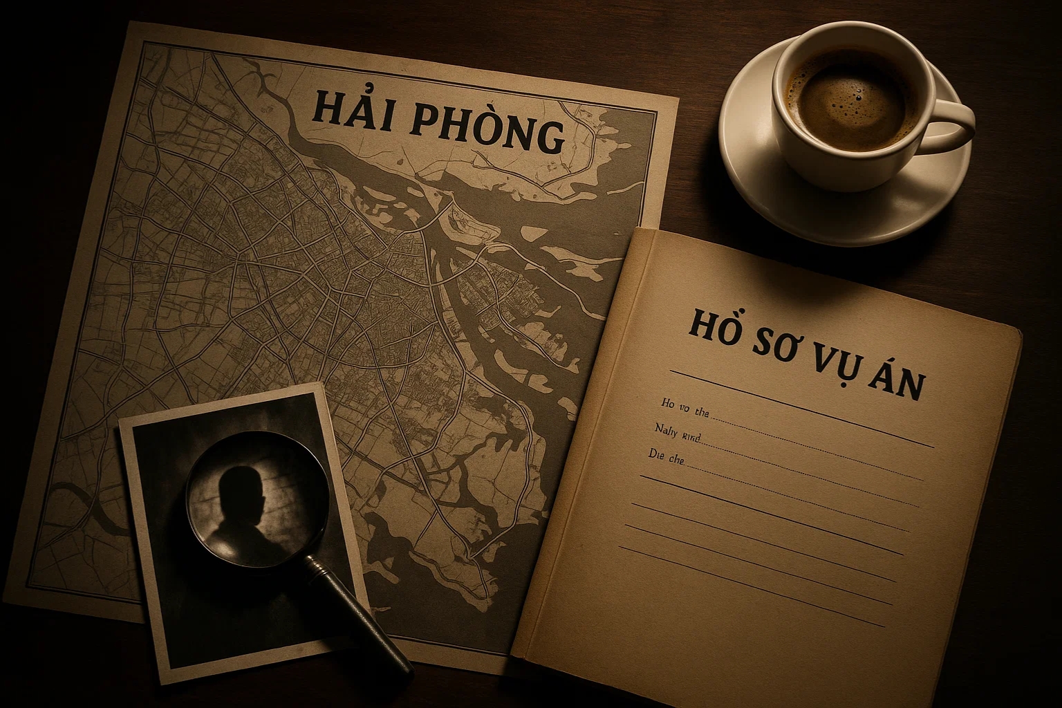 Hồ sơ vụ án của một thám tử tại Hải Phòng, bao gồm bản đồ, kính lúp và các tài liệu điều tra chi tiết.